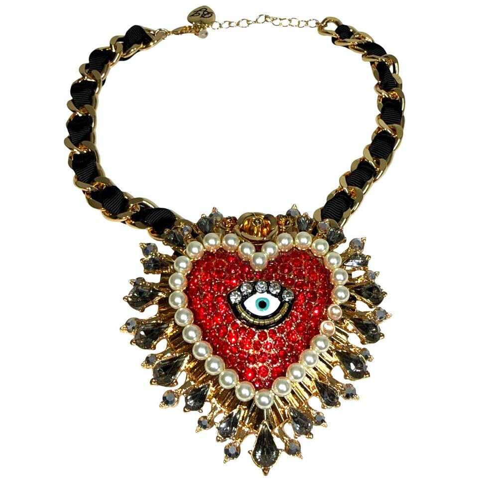 $178 Betsey Johnson Rockin Riches Evil Eye Sacred Heart Statement Necklace NWT